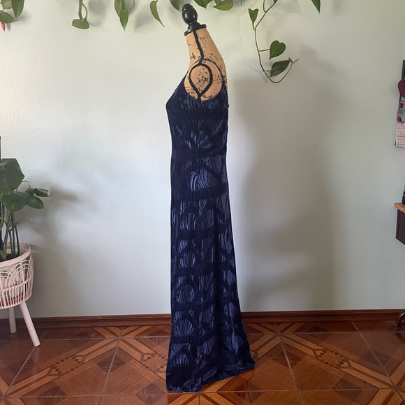 Vintage 90s Navy Crushed Velvet Maxi Dress By Scott McClintock Petites Size 10 - Picture 9 of 15